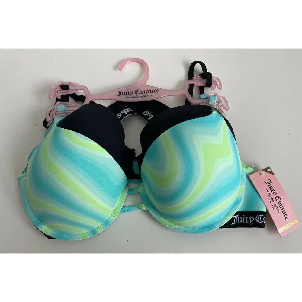 Juicy Couture Sleek & Smooth 2 Pk Bra JC5147 Lined Sz 38C Teal Abstract NWT